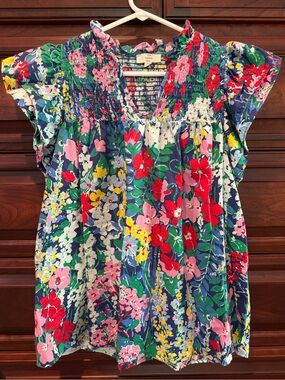 entro Multicolor Floral Smocked V-Neck Blouse